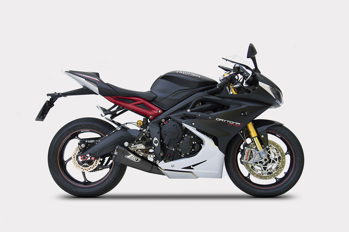 Kit Completo 3>1 Zard "SHORT" Acciaio Inox Fondello Carbonio Racing Nero per TRIUMPH DAYTONA 675 2013-2016
