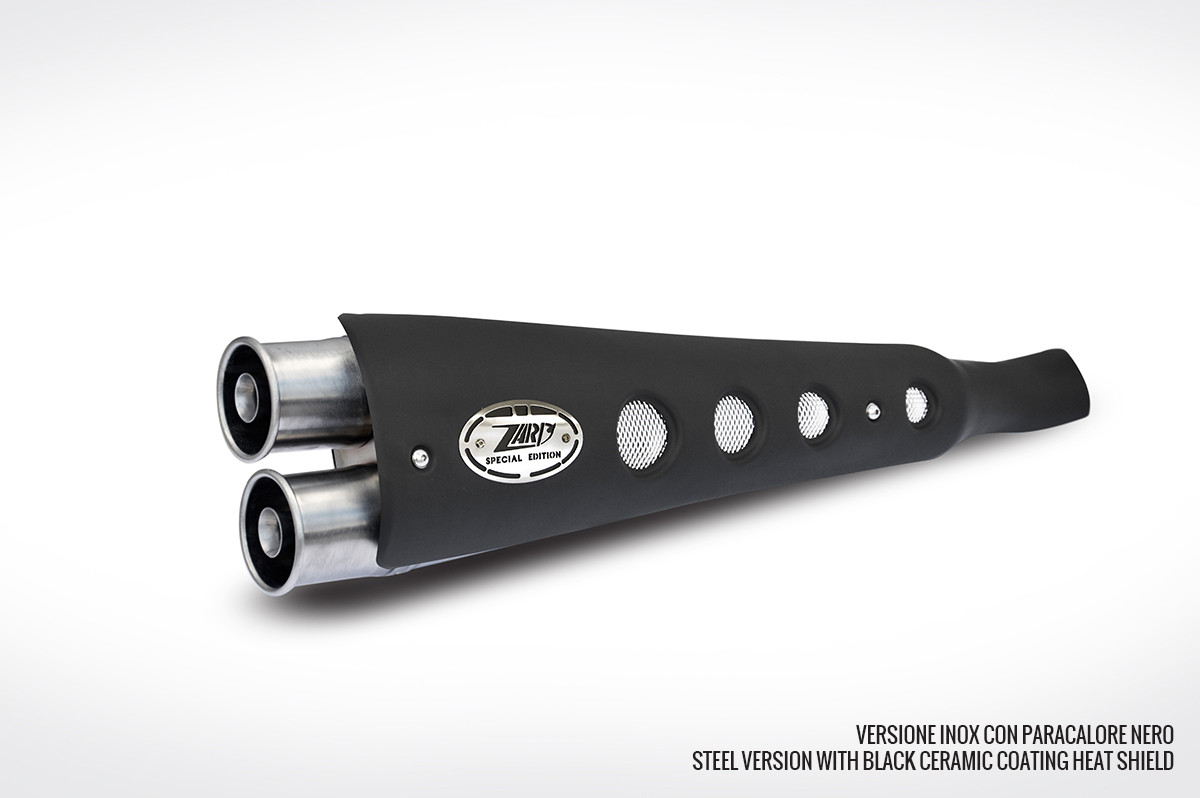 Kit Completo Zard 2>1 "SPECIAL" Alto Acciaio Inox Paracalore Nero Racing per TRIUMPH SCRAMBLER 900 2001-2016