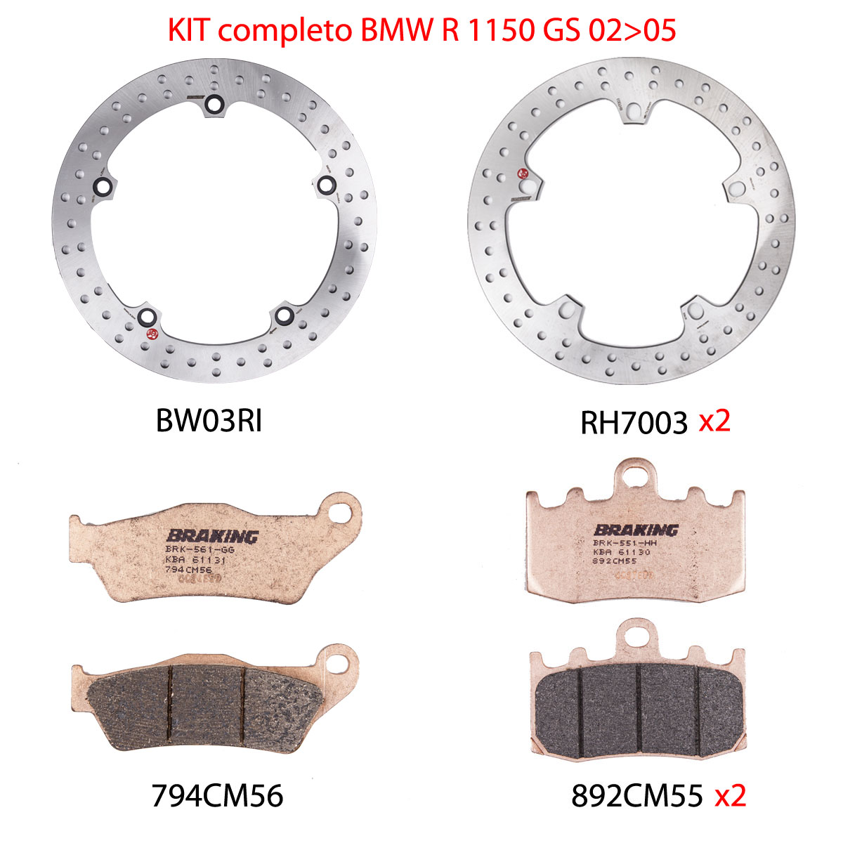 Kit Completo Anteriore e Posteriore Braking Dischi Tondi con Pastiglie per BMW R 1150 GS 2002-2004