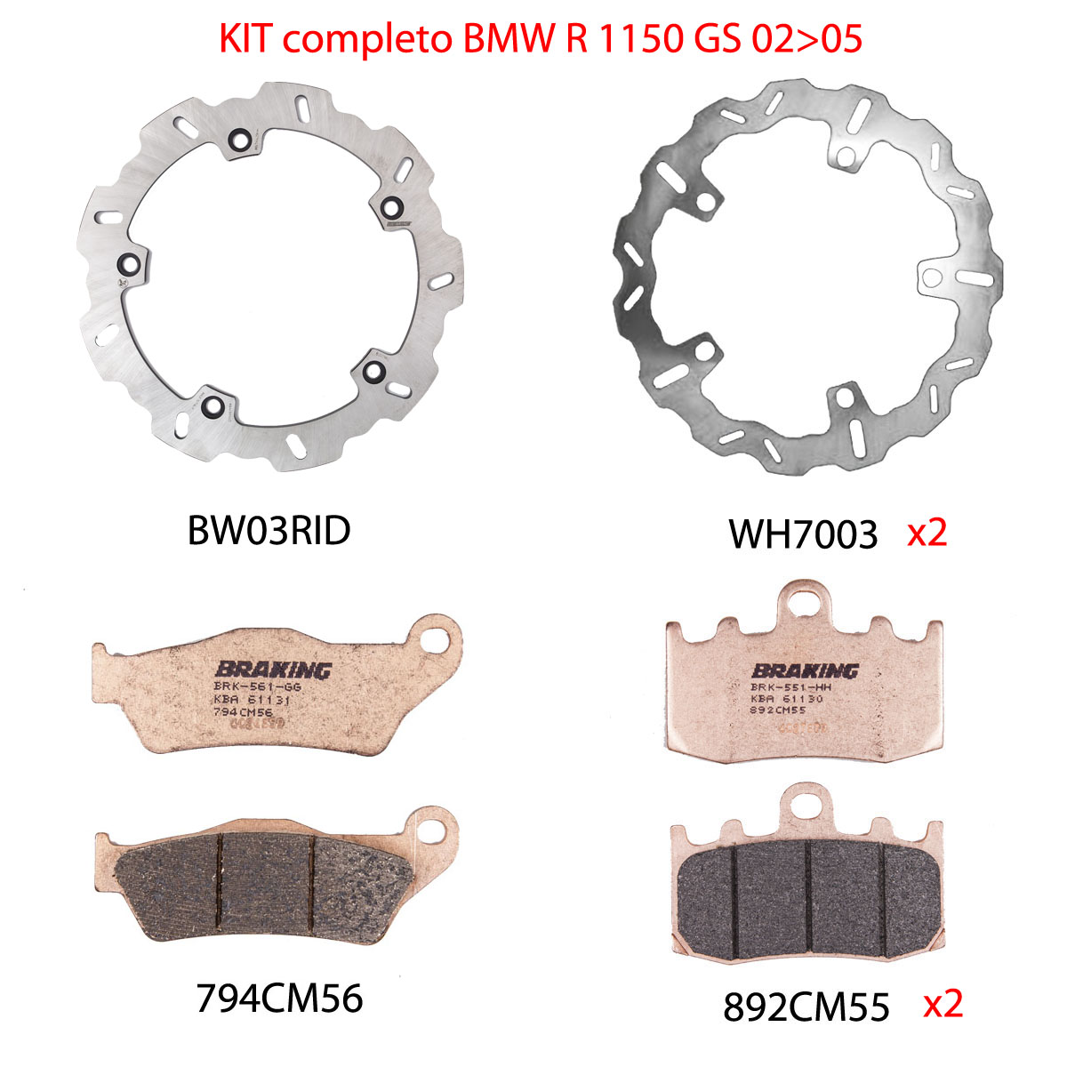Kit Completo Anteriore e Posteriore Braking Dischi Wave con Pastiglie per BMW R 1150 GS 2002-2004