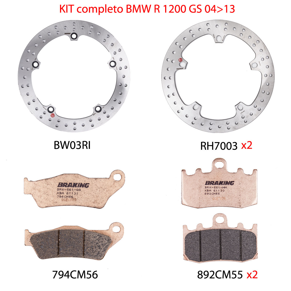 Kit Completo Anteriore e Posteriore Braking Dischi Tondi con Pastiglie per BMW R 1200 GS 2004-2012